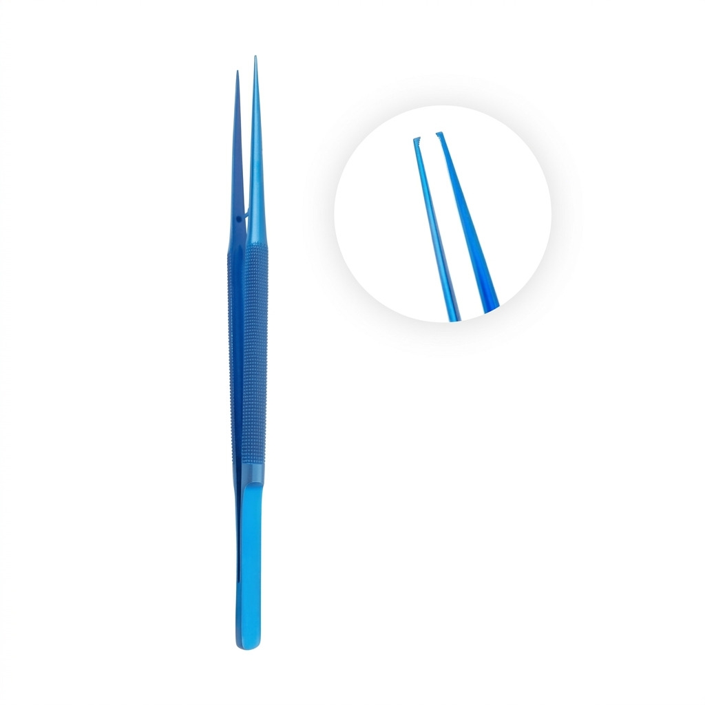 Titanium microsurgical tweezers, 1x2 teeth, curved, 18 cm